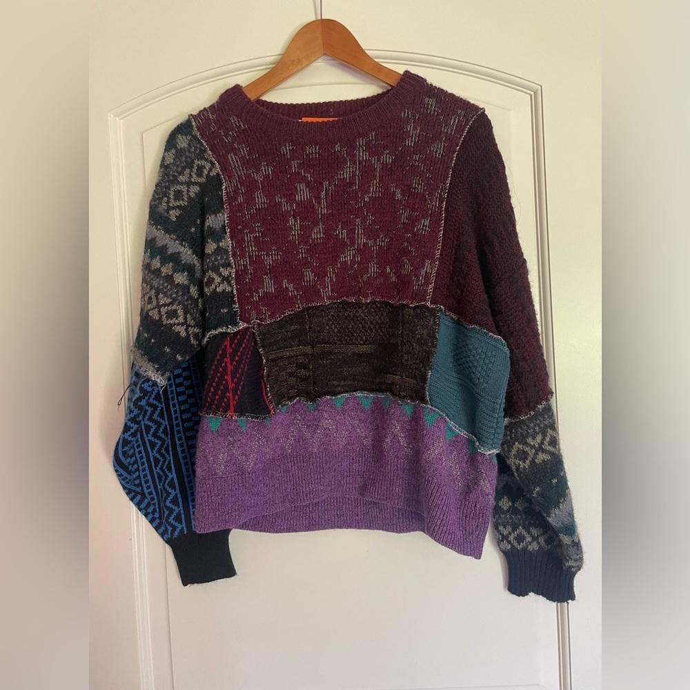 Urban Renewal Patchwork Vintage Crewneck Sweater in Plum, Purple & Teal